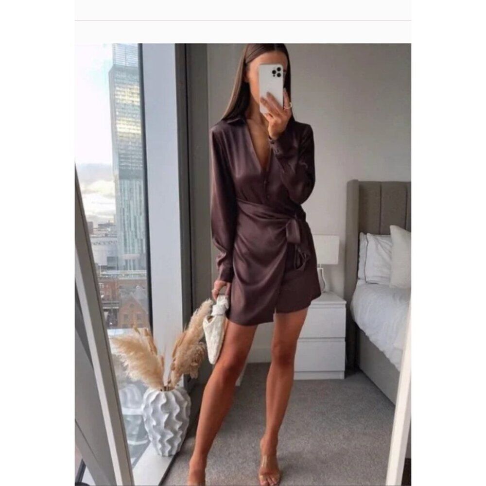 Zara Womens Wrap Dress Satin Large Chocolate Tie Front Long Sleeve 9382/332 NWT